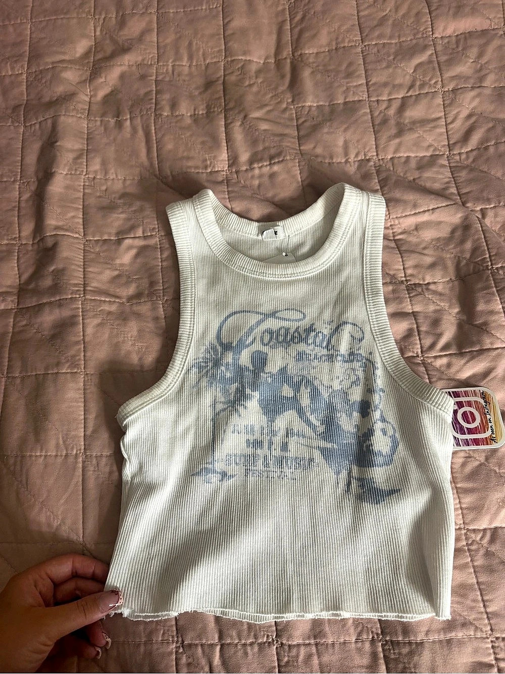 Garage Ribbed Graphic Tank Top in White & Blue Size XS